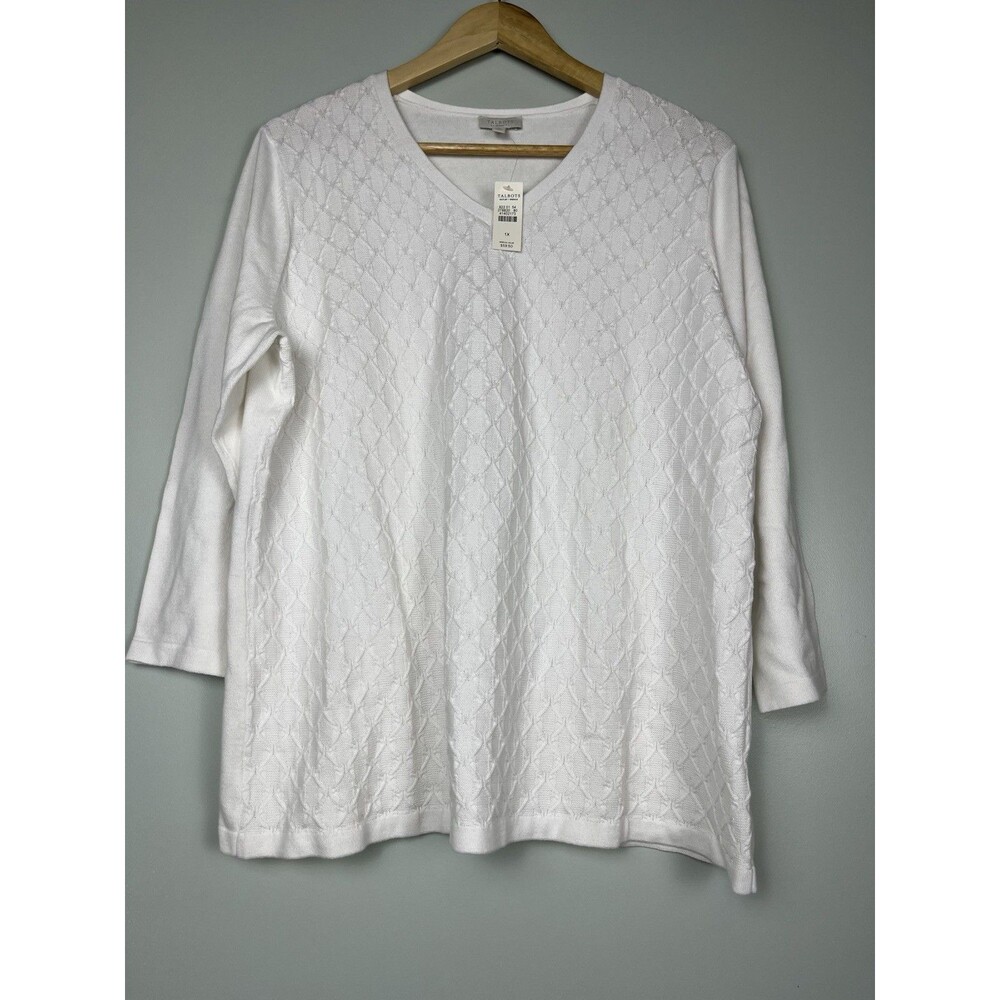 NWT Talbots Plus 1X White Diamond Lattice Jacquard V-Neck Knit Sweater 3/4 Sleev